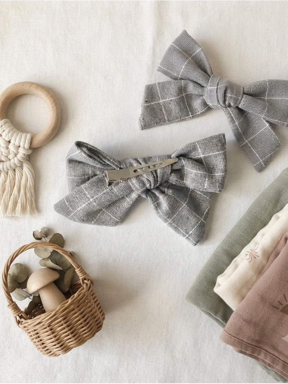 Handmade Grey Grid Bow Hair Clips Set Neutral Boho Hair Accessories